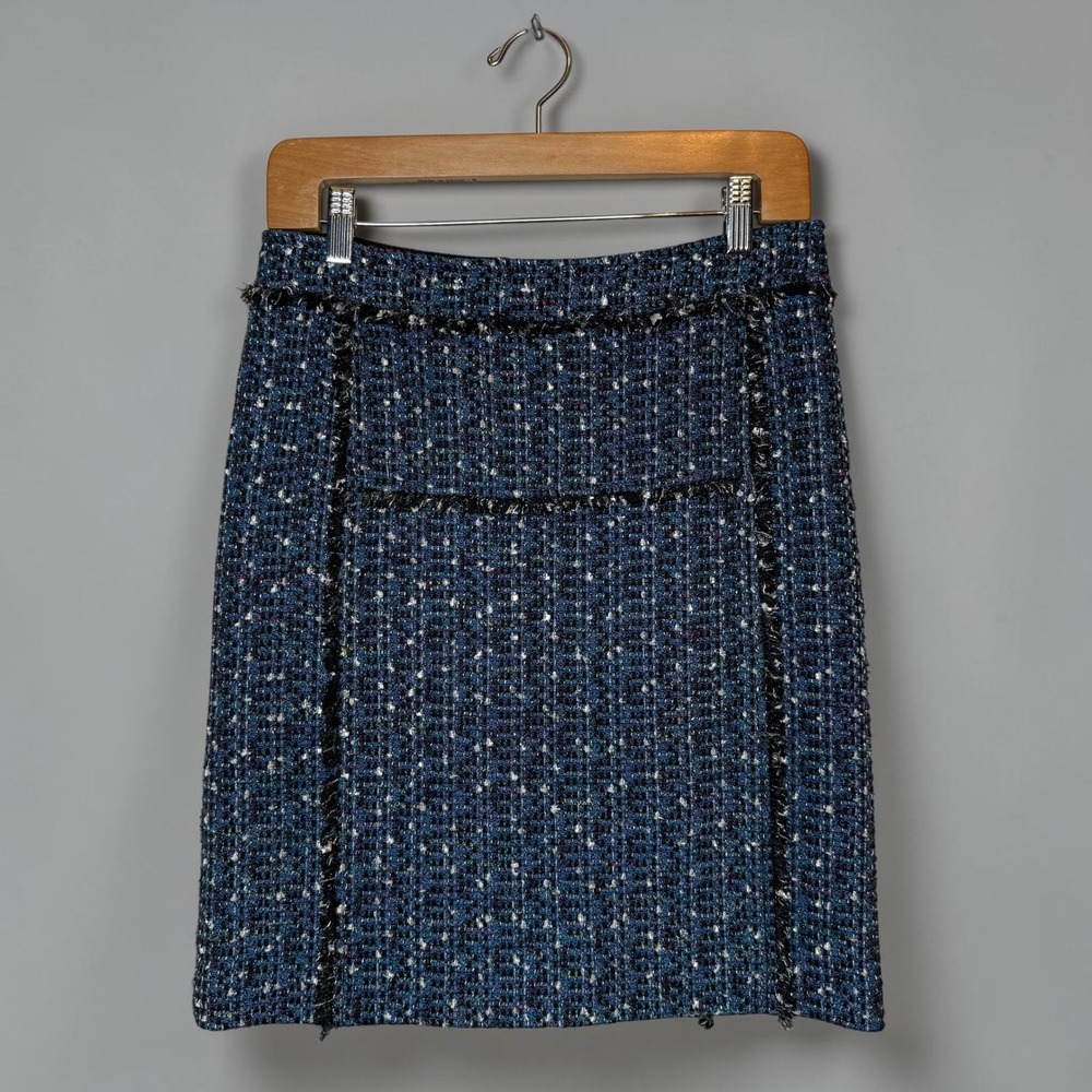 Tory Burch Tweed Pencil Skirt Blue‎ Fringe Trim Knee Length Wool Blend size 4
